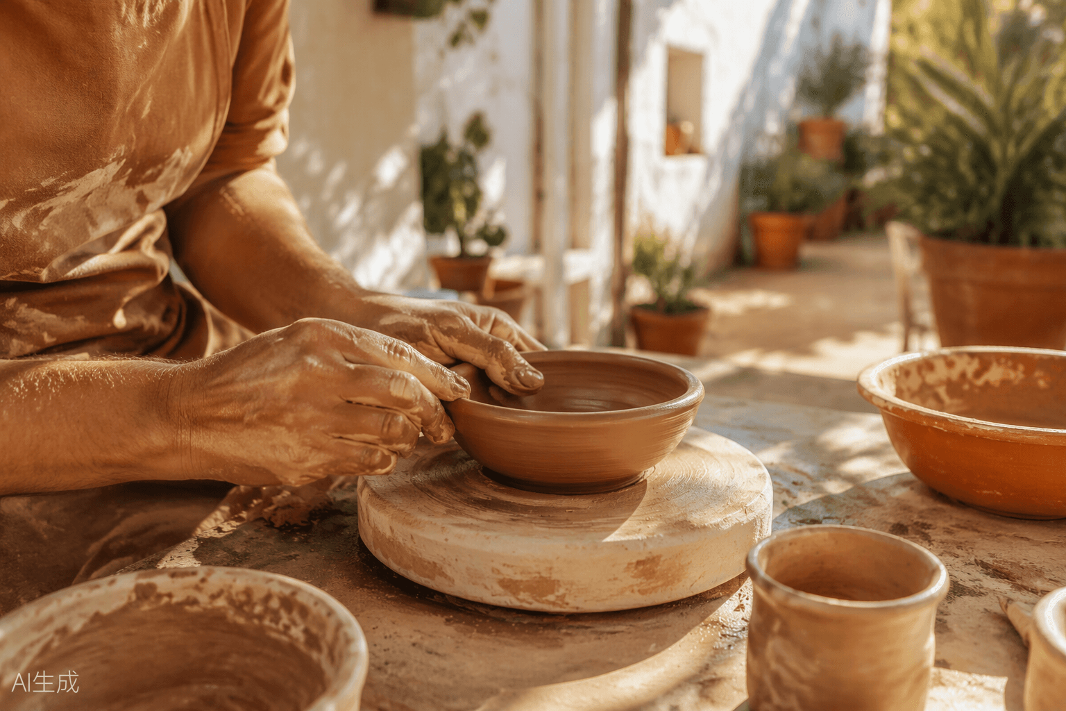 Hands shaping a small clay bowl in a sunny garden studio