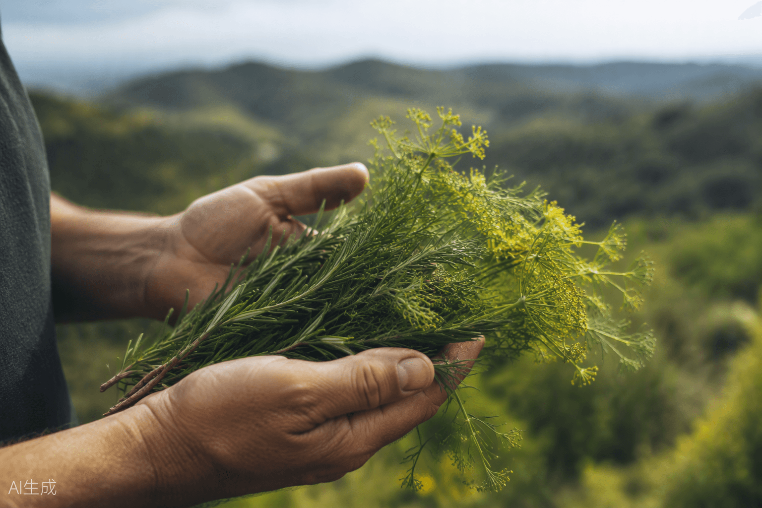 Hands holding freshly picked wild herbs with green hills behind
