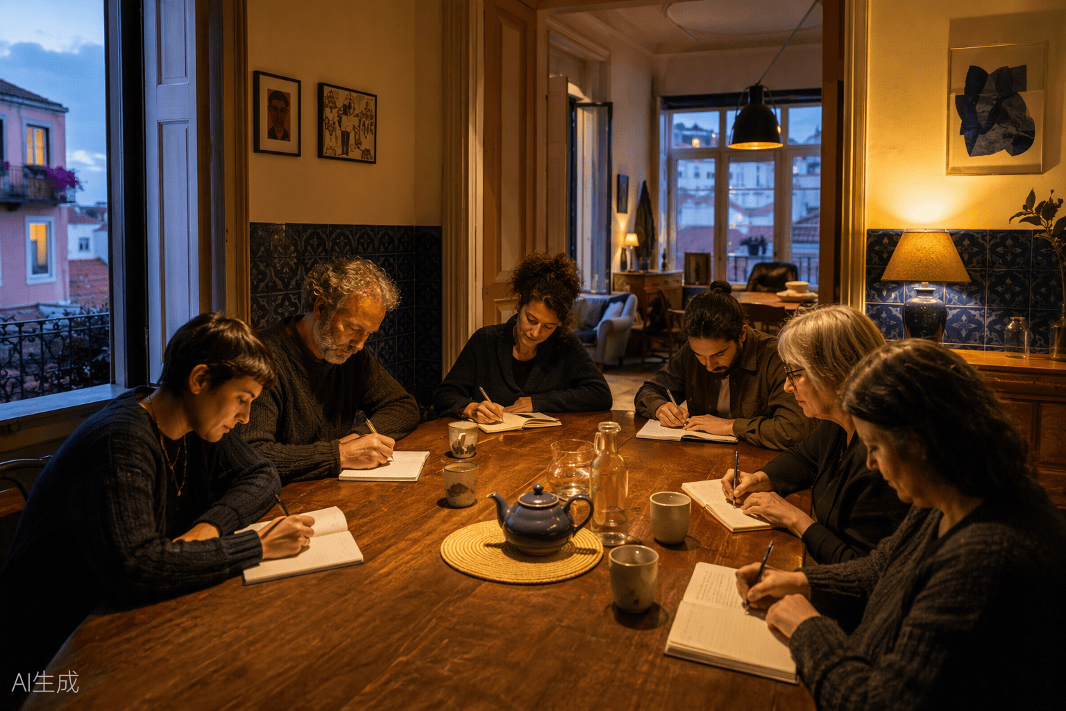 Adults writing in notebooks around a long wooden table in lamplight