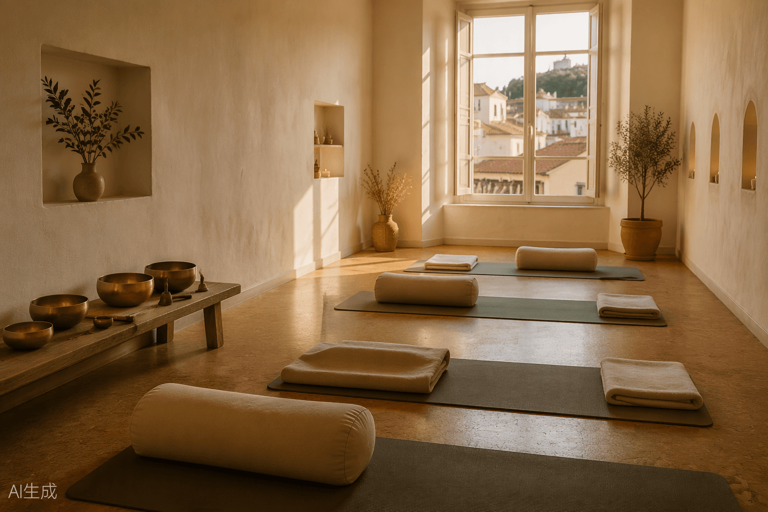 Warm studio interior with yoga mats, blankets, bolsters and singing bowls